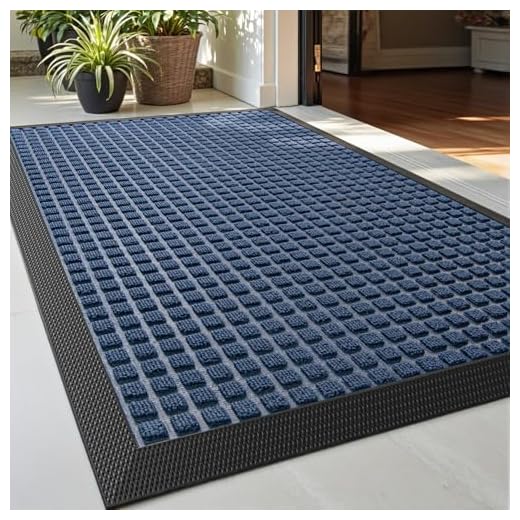 DEXI Front Door Mat Indoor Outdoor Doormat, Durable Heavy Duty Welcome Mat, Non-Slip, Low-Profile, Easy Clean Entryway Rugs, 17"X29", Squares Blue