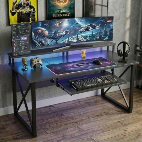 Image of FFo Gaming Desk | Music Studio Desk with Keyboard Tray | Workstation,Laptop PC Computer,Laptop PC Computer Table for Gaming & Home Office| (Black) | (150L x 60W x 87H CM) | DIY