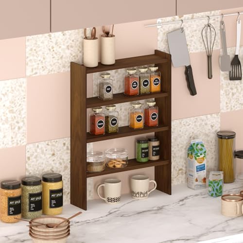 Image of BLUEWUD Yobeo 4 Tier Engineering Wood Spice Masala Rack Shelf Stand Organizer /Spice Bottle Display Rack & Cup Stand for Home & Kitchen, DIY (Do it Yourself), (Brown Maple, 36.1 X 10 X 50 Cm)