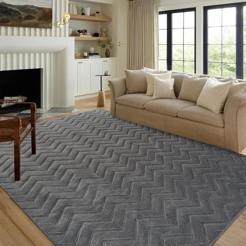 Tapis géométrique lavable USTIDE en peluche grise de 150x200 cm - 2