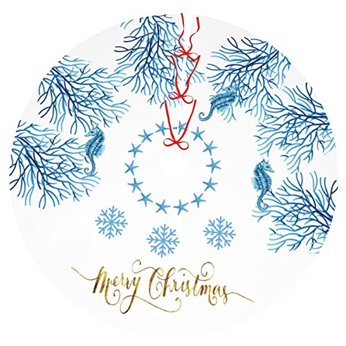 Merry Christmas Blue Starfish Seahorse Snowflake Christmas Tree Skirt, Christmas Holiday Party Outdoor Indoor Decoration Ornaments Small Christmas Tree Mat 30 Inches