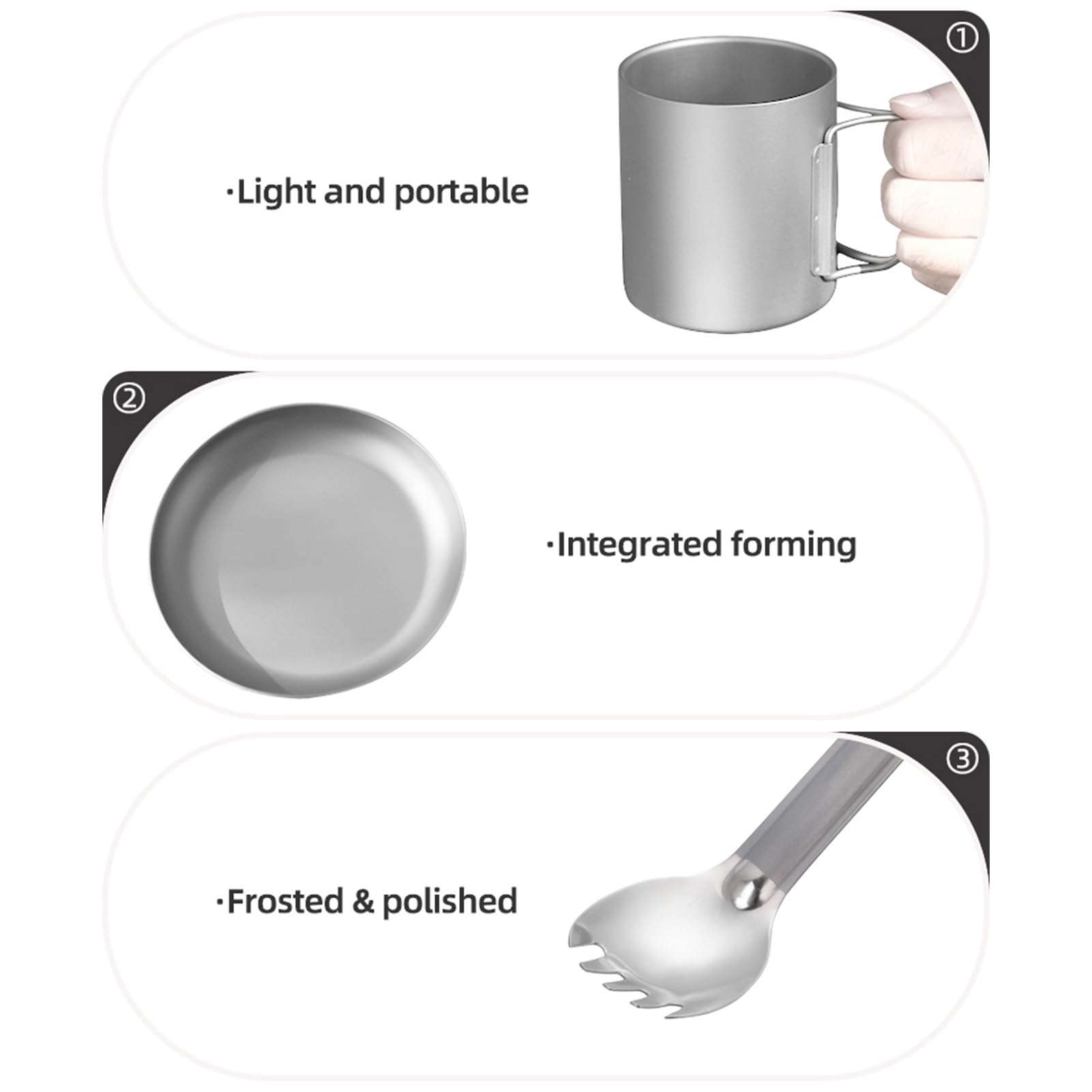 Titaniums Camping Utensilienset, Outdoor Essgeschirrset mit 3 Teiligem Geschirr Becher Essteller Spork für Rucksacktouren, Wanderungen, Picknicks