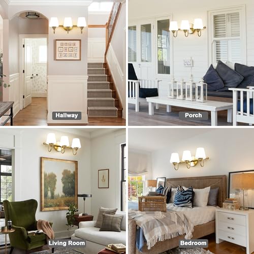 Image of LASENCHOO 3 Lights Bathroom Vanity Light Vintage Bathroom Lighting Fixtures Over Mirror, Brass Wall Sconce Modern Wall Lights for Bedroom Living Room Hallway with Milky Glass Shade, E12 Socket
