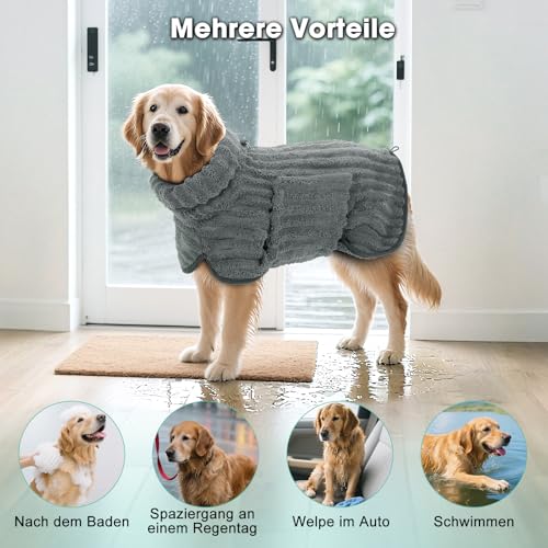 Woiil Hundebademantel aus Mikrofaser, Ultra Saugfähiger Bademantel Hund, Mit Klettverschluss Und Verstellbarem Gummizug, Maschinenwaschbar, Geeignet Für Große, Mittlere Und Kleine Hunde, Grau (M)