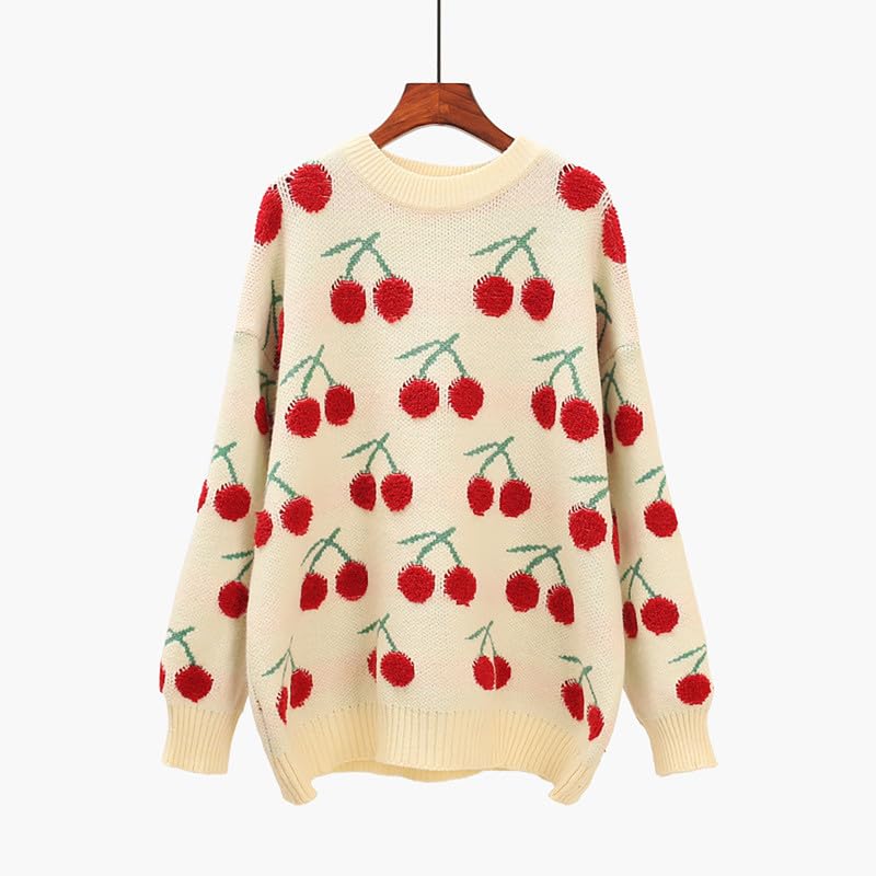 Image of yolrdiw Girls Cute Cherry Embroidery Sweater Crewneck Long Sleeves Valentine's Day Knit Pullover