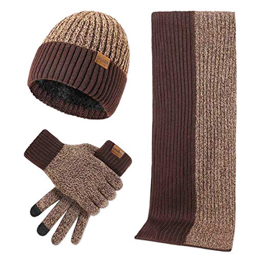 LumiSyne Winter 3 in 1 Packs Knitted Beanie Scarf and Gloves Men Women Fashion Simple Jacquard Two-Tone Scarf Long Touch Screen Gloves Beanie Hat Thick Soft Wool, Brown, One Size