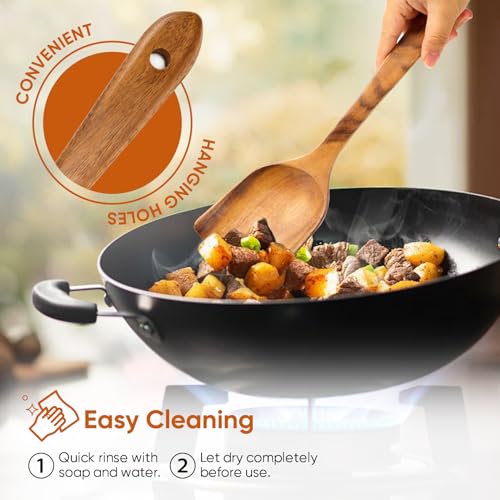 Image of EZuncle 6 Piece Wooden Cooking Spoon Set - Ideal for Non-Stick Pans, Heat Resistant Solid Wood, Smooth Teak Cutlery for a Comfortable Grip - Lightweight and Durable - Easy to Clean(6 PCS Large)
