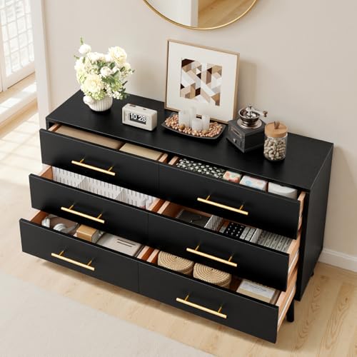 Ahomly 6-Drawer Dresser and 2-Drawer Nightstands Set for Bedroom, 3 Pcs Bedroom Set with Gold Handles，Modern Wood Dresser with Ample Storage, Black
