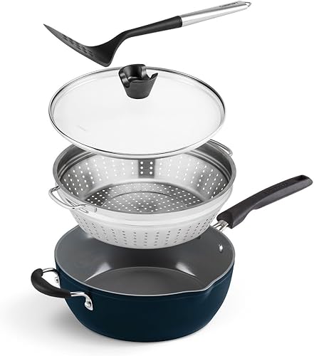 Miniatura 2 de Set de sartenes de 4 piezas de Cuisinart Preferred - Nouveau Navy (sartén multiusos de 4.5 cuartos con tapa, vaporera, volteador ranurado)