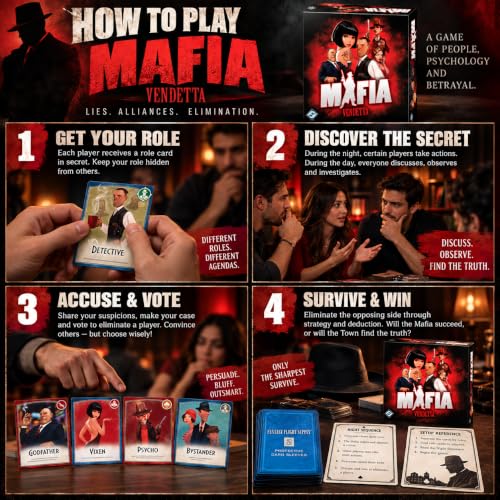 Image of Mafia: Vendetta Party Card Game - Social Deduction Game for Friends & Family, Strategy, Bluffing & Hidden Roles, 7-17 Players, Ages 14+, 30-45 Minutes
