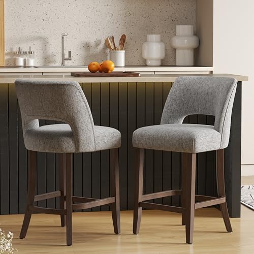 Image of VKNOW Bar Stools Set of 2, 26 inch Upholstered Counter Height Bar Stools,Modern Counter Stools with Wood Legs for Kitchen Island Dining Room Bar,Grey