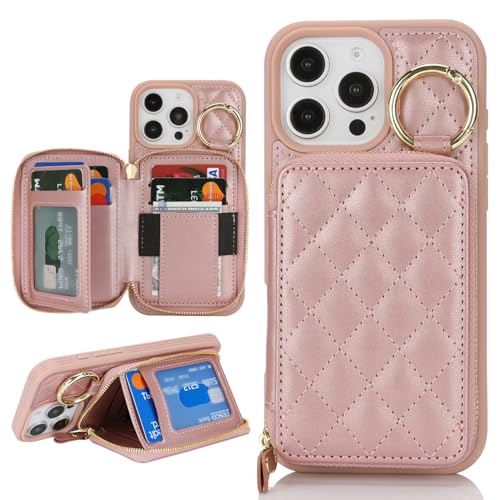Hamany for iPhone 15 pro max Case Wallet with Card Holder for iPhone 15 pro max Phone case Wallet with Zipper with Slot Kickstand Stand Case for Women and Man 5G 6.7 Inch-Rose Gold