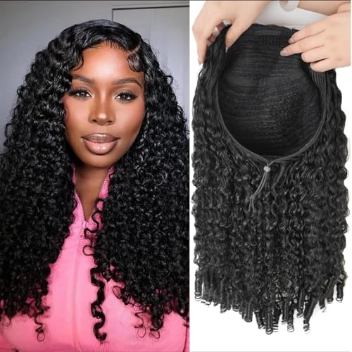yuccy Burmese Curly Half Wigs Human Hair 250% Density Curly 3 In 1 Half Wigs With Drawstring for Women Water Wave Glueless Wig Human Hair with Spiral End (Half Wig 26inch)