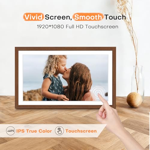 Image of Digital Picture Frame, 15.6 Inch Frameo Digital Frame WiFi Large Display | 1920*1080 IPS FHD Touchscreen, 32GB, Wall-Mountable, Share Picture Video, Electronic Photo Frame, Mom Gifts, Teak Woodgrain