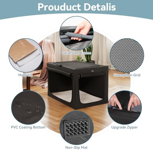 Petsfit Hundebox faltbar für mittlere Hunde, Hundebox für Zuhause Zimmerkennel Hund Verstellbares Design Transportbox Hund, Reißfeste Netzfenster & verdickte plüsche Betteinlage,(M, Schwarz)