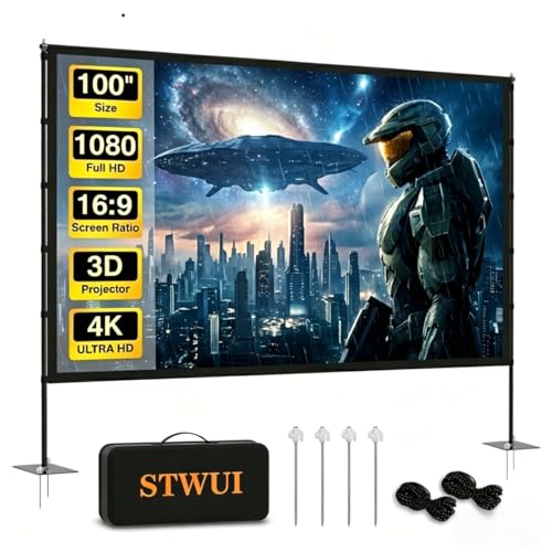 Image of STWUI Projector Screen with Stand - 100 Inch Outdoor Projector Screen Portable Projector Screens 16:9 4K HD Outdoor Movie Screen with Carry Bag Can Enjoy Home Theater Projection Screen