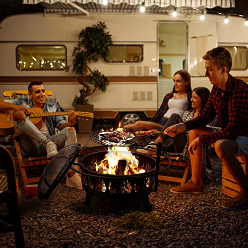 Fire Pits For Outside, Wood Fire Pits, Bonfire Pit, 30 Inch Round Cast Iron Fire Pit With Grill For Patio, Backyard With Spark Screen, Fire Poker And Metal Grate, Flame Cutout Pattern #TOP7