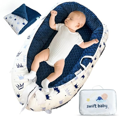 Image of Lounger and Baby Blanket Set for Newborn (0-24 mo), Baby Nest, Portable Infant Lounger - Adjustable Baby Floor Seat for Travel, Baby Lounger for Newborn, Infant Seat, Newborn Essentials, Blue