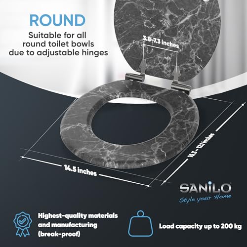 Sanilo Soft Close Toilet Seat ROUND, Quiet and Slow Close Lid and Seat, Strong Bumpers and Hinges, Marble gray - Thumbnail 3