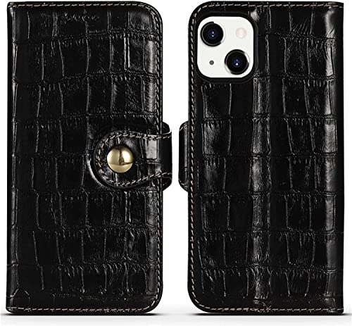 Étui folio iPhone 13 KANUZ en cuir crocodile noir avec porte-carte et clapet antichoc
