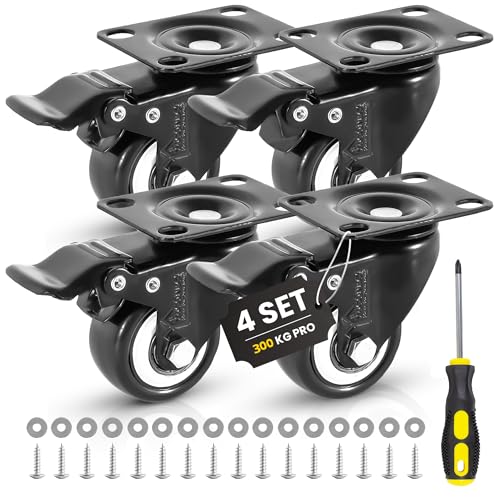 YUCONECT Ruedas para Muebles Pesados - Ruedas Giratorias con Freno de 50 mm hasta 200kg + Destornillador, Tornillos y Arandelas - Ruedas para Palets Exterior con Movilidad Suave y Seguro - Negras