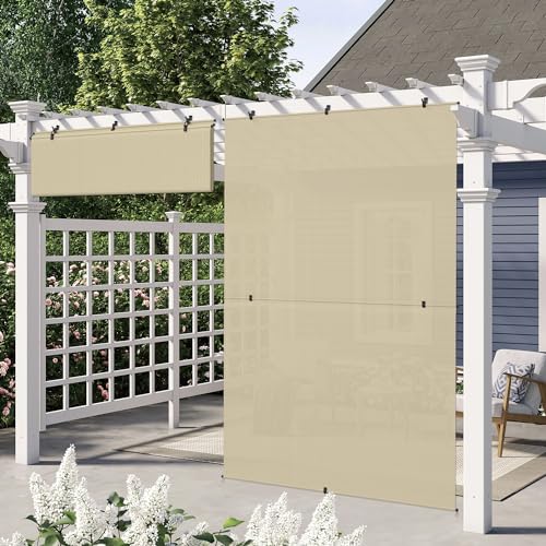 E&K Sunrise 7'W x 6'H Foldable Sun Shade Curtain Cordless Shade Blind UV Block for Patio Backyard Gazebo Deck Pergola Porch (Beige)