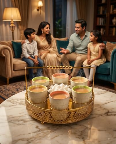 Image of Cutting Chai Glasses with Metal Holder Stand, Ceramic Glasses with Sugar Bowl for Serving Tea, Coffee, Lassi - 23 CM Diameter