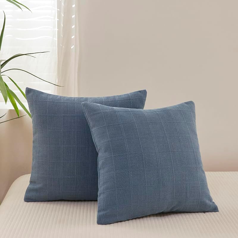 Decorative Linen Check Throw Pillow Covers Neutral Farmhouse Vintage Cushion Covers Modern Coastal Boho Home Decor for Sofa Couch Bedroom Living Room Living Room,2-Piece Set 20×20 Inch Blue