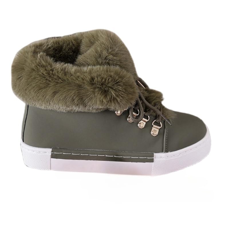 Winter Womens Snow Boots Short Barrel Solid Leather Lace Up Short Boots Warm Plush Flat Snow Boots for