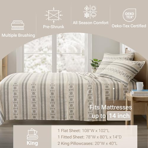 Image of True North by Sleep Philosophy Flannel Sheets King Size, Cozy 100% Cotton Flannel Bed Sheets, Ultra Soft Cute Sheet Set, Elastic Pocket Fits Up to 14 inch Mattress, Nordic 4 Piece