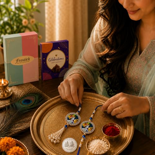 Image of Frostick Celebrate Raksha Bandhan with Bhaiya Bhabhi Rakhi Combo - Designer Rakhi Pair, Cadbury Celebrations, Roli Chawal, Greeting Card & Gift Box for Gifting