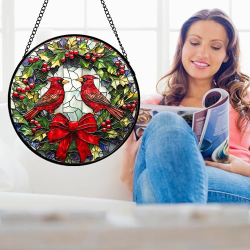 Image of DASTOLL Stained Glass Window Hanging - Cardinals Green Wreath Suncatcher for Doors Home Christmas Decoration Red Bird Sun Catcher Thanksgiving New Year Birthday Gift for Women Men Mom Nana 14.9 in