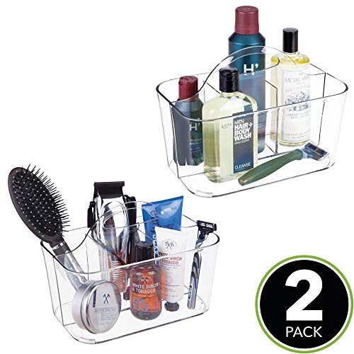 mDesign Plastic Men's Grooming Storage Organizer Caddy Tote - Divided Basket Bin, Handle for Bathroom - Holds Shaving Cream, Razors, Beard Oil, Combs, Brushes, Hair Gel, Cologne, Small, 2 Pack - Clear