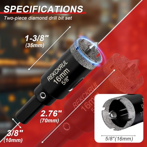 Image of 5 /8 Inch Diamond Hole Saw with Pilot Drill Bit 2PCS | Premium Tile Hole Saws Porcelain, Ceramic, Granite, Marble, Glass , 1-3 /8 inch Cutting Depth, Serrated Edge Wet /Dry Use (45mm)