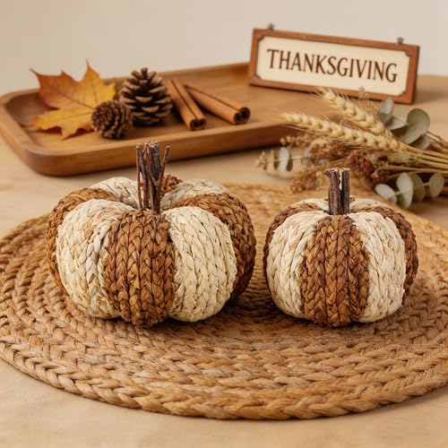 Image of winemana Woven Wicker Pumpkins Fall Pumpkin Decor, 2 Pack | Thanksgiving Table Centerpiece, Artificial Pumpkin for Home, Farmhouse Autumn Decorations Indoor Outdoor