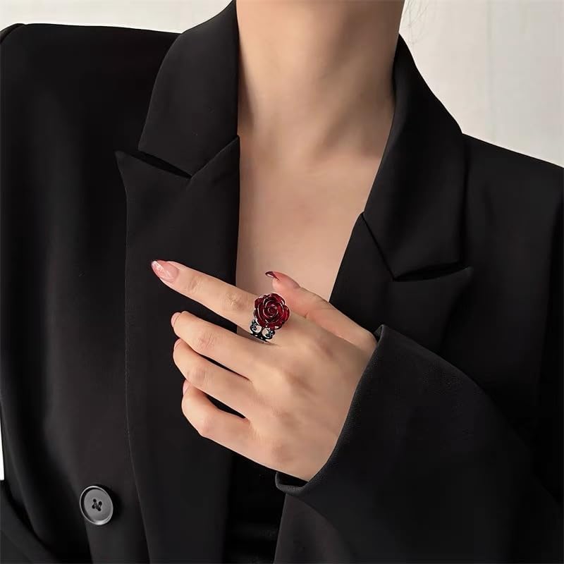 Vintage Dark Red Rose Flower Open Gothic Statement Ring for Women Adjustable Punk Goth 3D Floral Wrap Finger Band Rings Y2K Aesthetic Comfort Fit Valentine Cocktail Party Halloween Jewelry Gift - Image 6