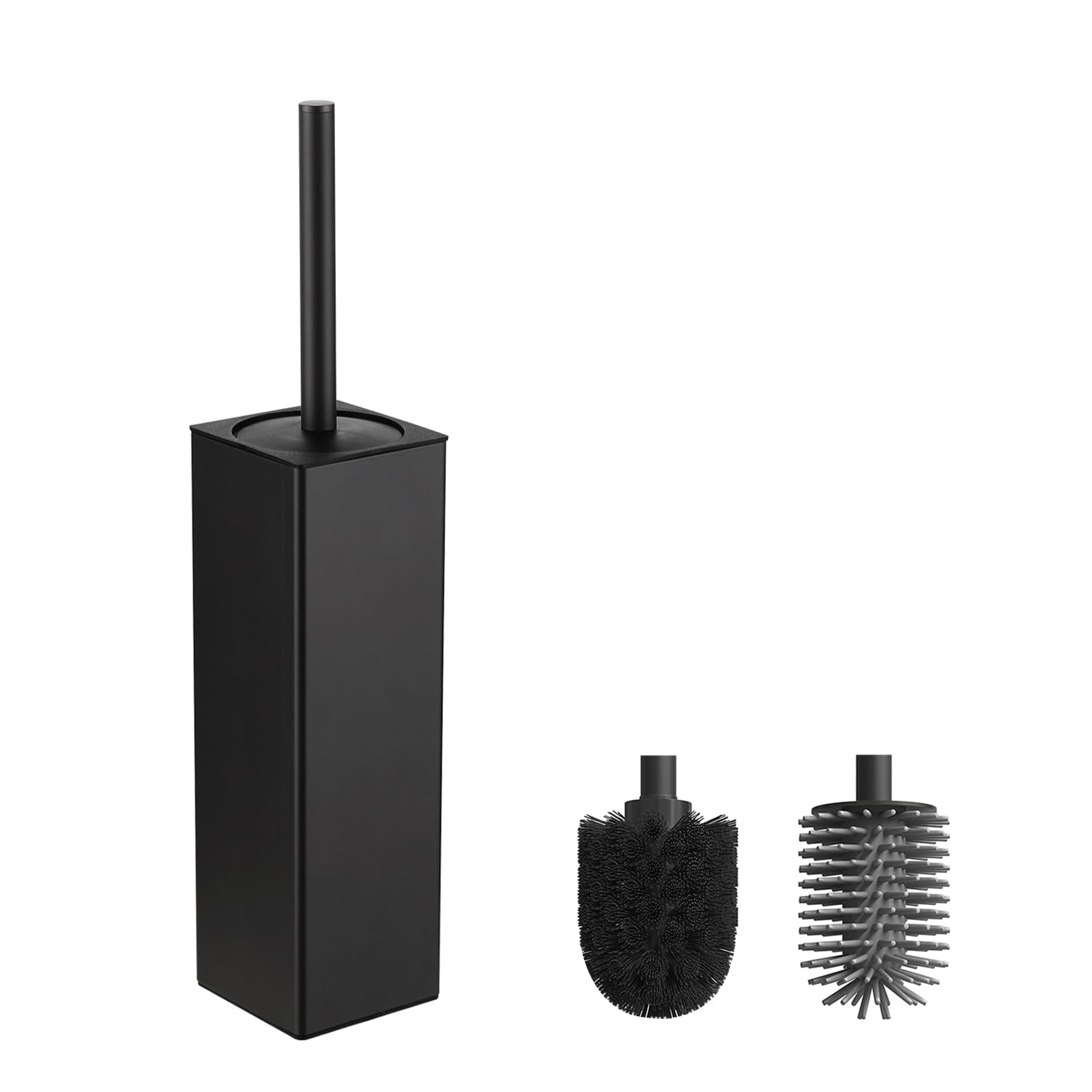BVL WC Bürsten & Halter Schwarz, Metall Toilettenbürste Inklusive 2 Bürstenköpfe, Freistehende Quadratisch Silikon Toilettenbürste für das Badezimmer