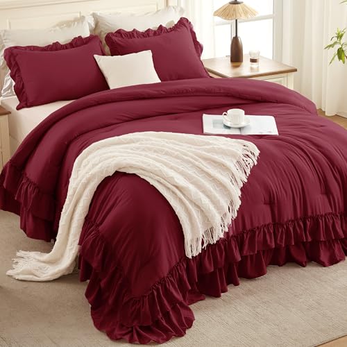 Image of Andency Burgundy Twin Size Comforter Set(66x90Inch), 2 Pieces(1 Ruffle Comforter and 1 Pillowcase) Lightweight Fluffy Bedding Comforter Sets for Teenagers, All Season Soft Polyester Bedding Set