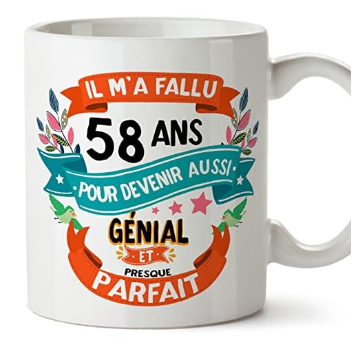MUGFFINS Tazas 58 Cumpleaños - En Francés - Il m'a fallu 58 ans pour devenir aussi geniale - 11 oz - Regalo original y divertido