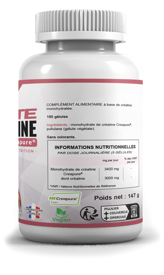 Elite Créatine – 100% Creapure Monohydrate – 180 Gélules Végétales Pullulan – Performance, Force et Puissance Musculaire – Fabriqué en France