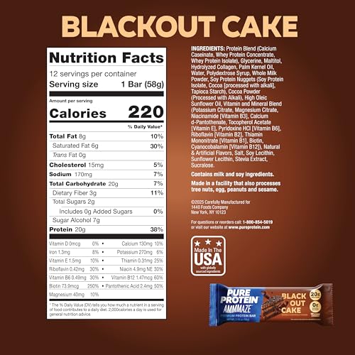 Image of Pure Protein AMMMAZE Blackout Cake Protein Bars, 12 Count - 20g Protein, 3g Fiber, No Added Sugar - Chocolate Meal Replacement - On the Go Snacks