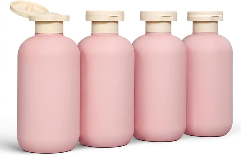 Frascos Recarregáveis para Viagem DEMORA com Tampa Flip e Etiquetas, 200 mL, Rosa, Pacote com 4