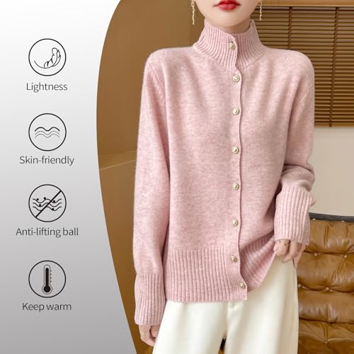 Women's Stand Collar 100% Merino Wool Sweater 2025 Spring Fall Solid Long Sleeve Knitted Cardigan Sweater3