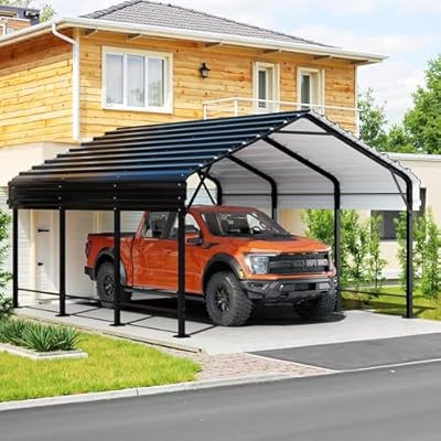 JY QAQA 12 x 15 FT Metal Carport Kits with Galvanized Steel Roof, Heavy Duty Metal Carport Canopy, Outdoor Car Tent Garage Shelter for Car, SUV, Truck and Boats