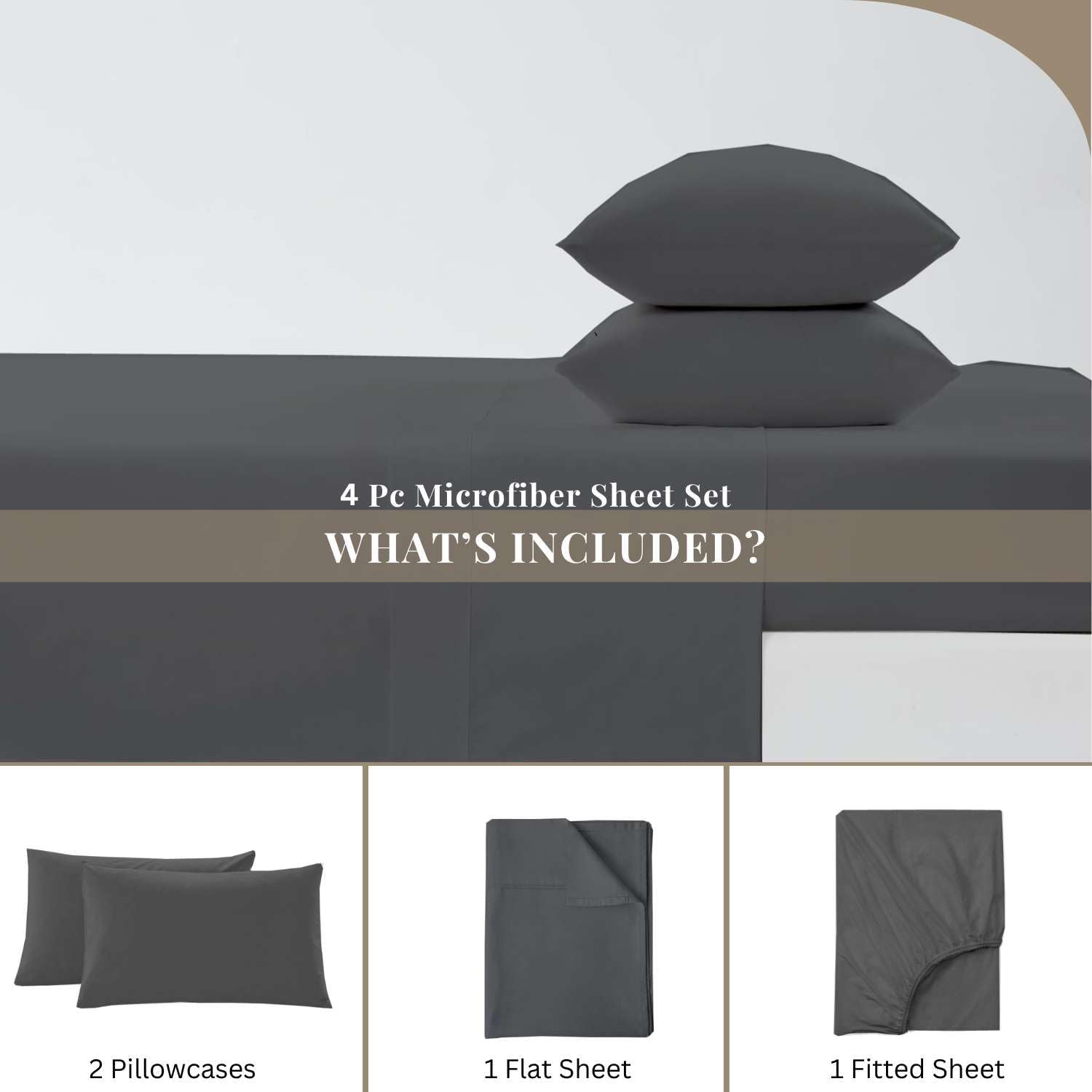 Luxury 4 Piece Twin XL Sheet Set, Ultra Soft Microfiber Sheets with Deep Pockets, Fits Mattresses up to 10 Inches, 39" x 80", Dark Grey Solid