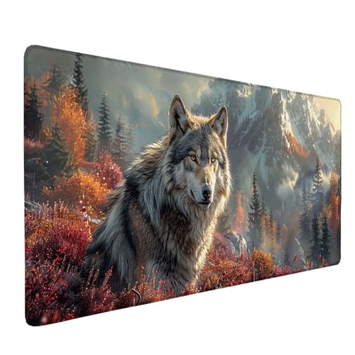 Tapis de Souris Gamer Jaune Tapis de Souris XXL 80 x 30 cm, Lavable Mouse Pad Loup Mousepad Base en Caoutchouc Antidérapant Surface Bords Cousus Accessoires Gaming pour Jeux et Bureau -ly250506