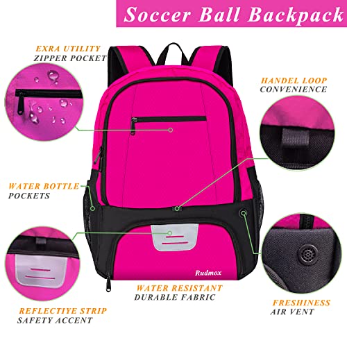 Rudmox Soccer Ball Bag-Backpack for Basketball, Football, Volleyball, Sports Bag with Separate Cleat Shoes and Ball Compartment and Laptop Sleeve for Travel, Gym, Hiking, Sports Team (Rose)