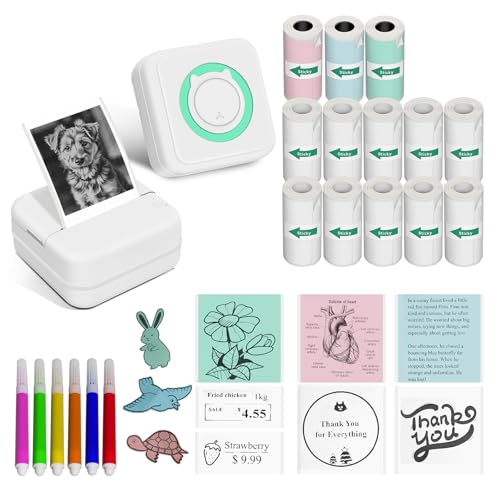 Mini impresora de calcomanías portátil para estudiantes con 14 rollos de papel térmico verde