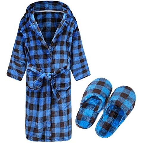 BTPEIHTD Boys Girls Soft Hooded Bathrobe Kids Fleece Robe Sleepwear Toddler Fuzzy Flannel Pajamas Matching Slippers Blue Plaid 9-10 Years Cover