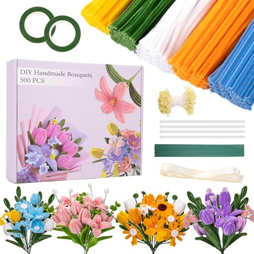 Siolviento Pipe Cleaners Craft 500 PCS Pipe Cleaner Flower Kit with 5 Colors Chenille Stems Floral Wires Ribbon Gardening Tape & Stamen for DIY Bouquets Arts and Crafts Supplies (Multicolor-B)